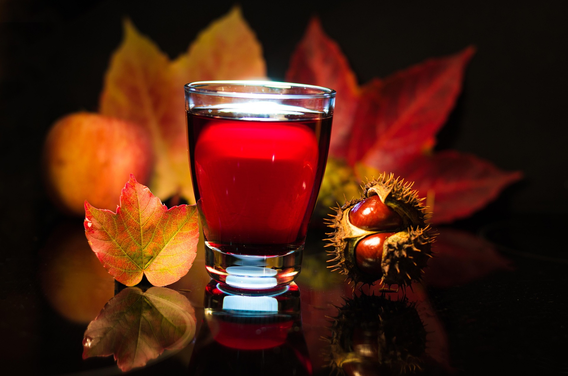 Glas Rostwein mit bunten Blättern und Kastanien